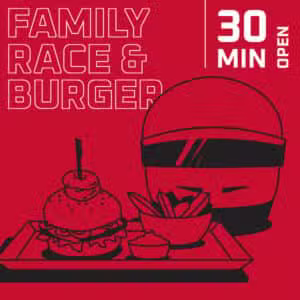 a red and black poster with a burger and fries