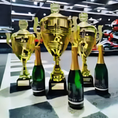 Tre guld trofæer og flasker champagne
