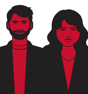 Illustration af to personer med rød fyldning mod sort baggrund