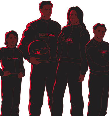 Illustration af fire racerkørere med sorte racertøj