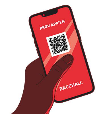 Hånd der holder en smartphone med Racehall app