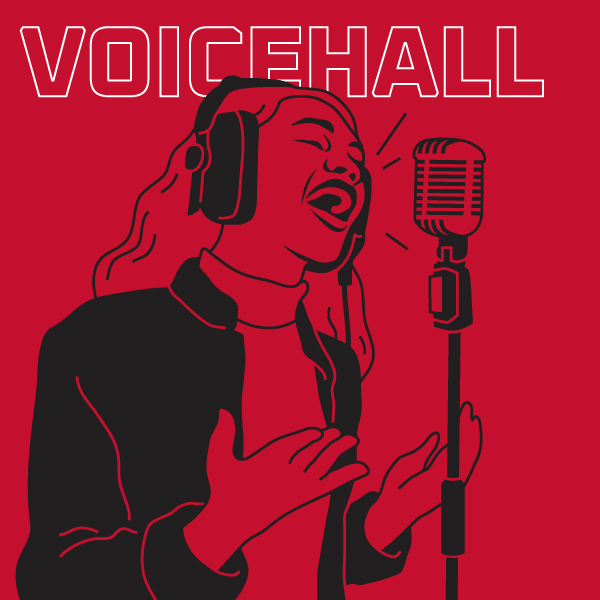 Illustration of a singer with headphones performing into a microphone.