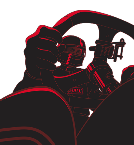 En racerfører holder fast i rattet